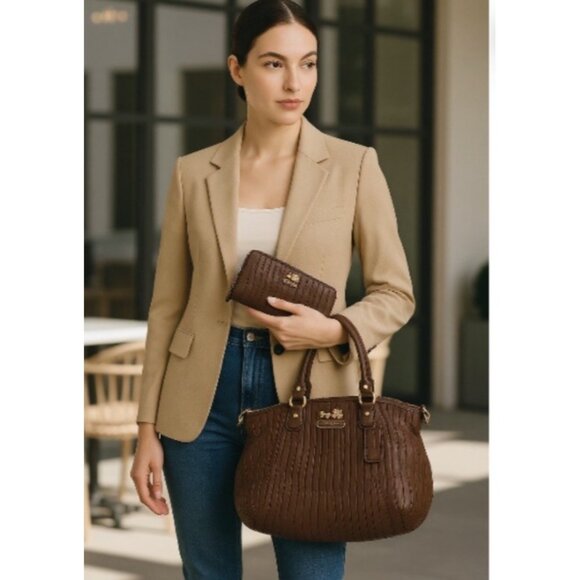 Coach Madison Lindsey 18620 Brown Gathered Leather Satchel + Matching Zip Wallet - Picture 1 of 16